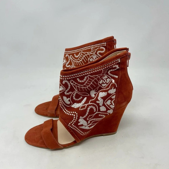Anthropologie Plomo Paula Embroidered Wedge Sandals Rust Orange Size 37 US 6.5 - Picture 5 of 8